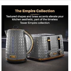Tower kettle, 4 slice toaster, mug tree, kitchen roll holder and tea coffee and sugar set