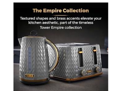 Tower kettle, 4 slice toaster, mug tree, kitchen roll holder and tea coffee and sugar set