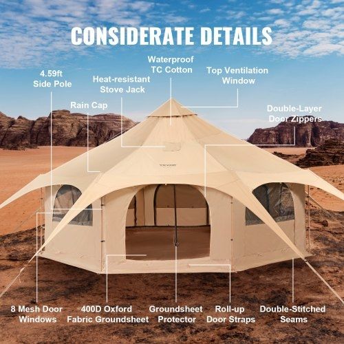 Canvas Tent, 4 Seasons 5 m/16.4 ft Bell Tent, Canvas Tent for Camping with Stove Jack, Breathable Yurt Tent for up to 8 People