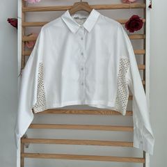 shirt bnwt white cropped shirt size 14 with crochet inserts