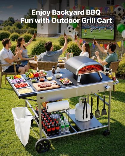 Outdoor Grill Cart Grilling Table Movable Outdoor Cooking Table with 4 Spice Containers, Wheels, Lids, Hooks