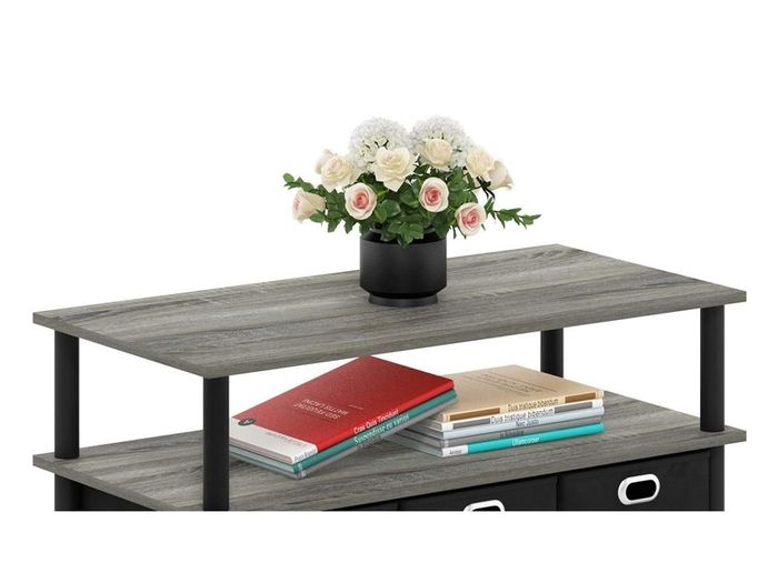 Coffee Table, 3-Tier Modern Coffee Table with Shelves and Storage Bins, Easy Assembly Side Table with Open Shelf, for Living Room, Bedroom, Home Office, French Oak