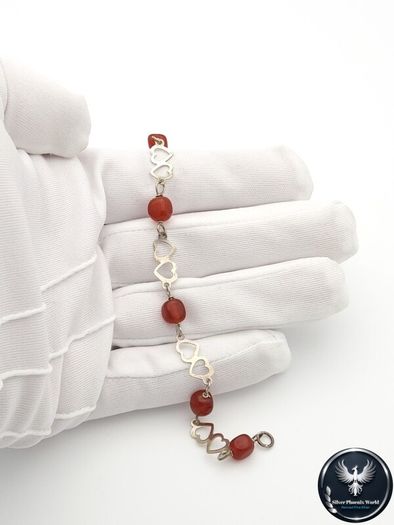 Vintage 925 Sterling Silver & Carnelian Love Hearts Bracelet