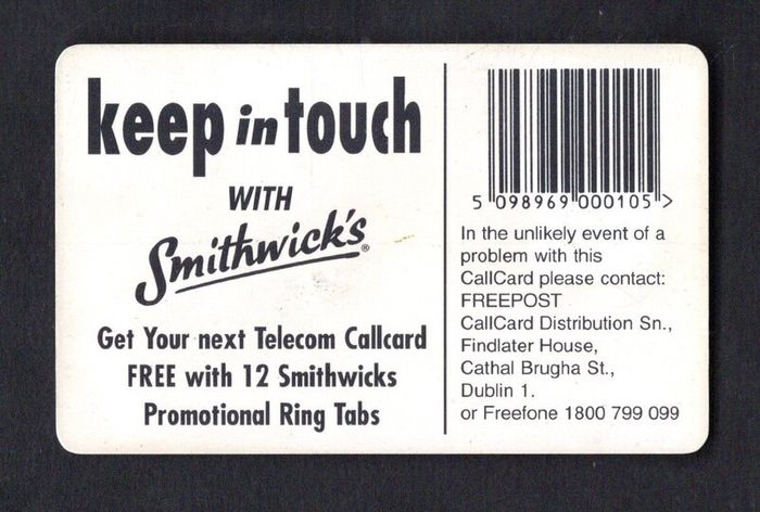 1995 Ireland 10 unit Smithwicks beer /Irish Ale, "Keep in touch with Smithwick's" (Schlumberger SC7) Call Card Used. Telecom Eireann card number 1103.