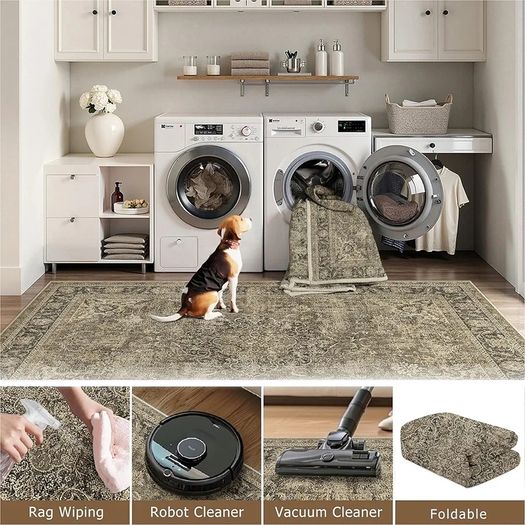 Vintage Rugs Living Room Brown Large Area Rug 200x300cm Non Slip Washable Hall Lounge Bedroom Kitchen Office Dining Room Indoor Carpet Low Pile Big Carpets