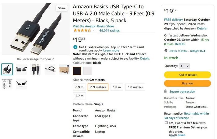 Amazon Basics USB Type-C to USB-A 2.0 Male Cable