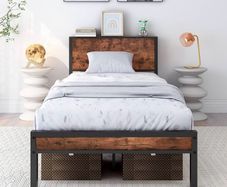 Single Bed Frames with Wooden Storage Headboard Shelf, Heavy Duty