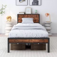 Single Bed Frames with Wooden Storage Headboard Shelf, Heavy Duty