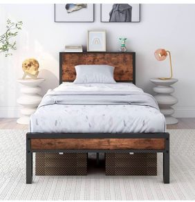 Single Bed Frames with Wooden Storage Headboard Shelf, Heavy Duty