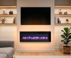 50" Media Wall Electric Fire, Wall Mounted Fireplace, Wilton Black 1.8kW Heater (900W/1800W), 9 Flame Colours, Logs & Crystals Included, Wall Mounted, Recessed or Freestanding, Remote Control