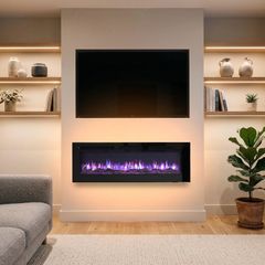 50" Media Wall Electric Fire, Wall Mounted Fireplace, Wilton Black 1.8kW Heater (900W/1800W), 9 Flame Colours, Logs & Crystals Included, Wall Mounted, Recessed or Freestanding, Remote Control