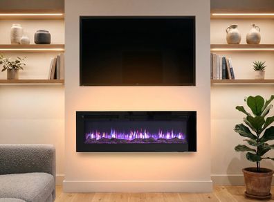 50" Media Wall Electric Fire, Wall Mounted Fireplace, Wilton Black 1.8kW Heater (900W/1800W), 9 Flame Colours, Logs & Crystals Included, Wall Mounted, Recessed or Freestanding, Remote Control