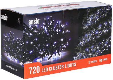 720 LED 9m/29ft Cluster Christmas Tree Lights for Indoor & Outdoor Blue & Cool White Decorations Fairy Lights with Timer for Xmas Garden & Party | Mains Powered Green Cable