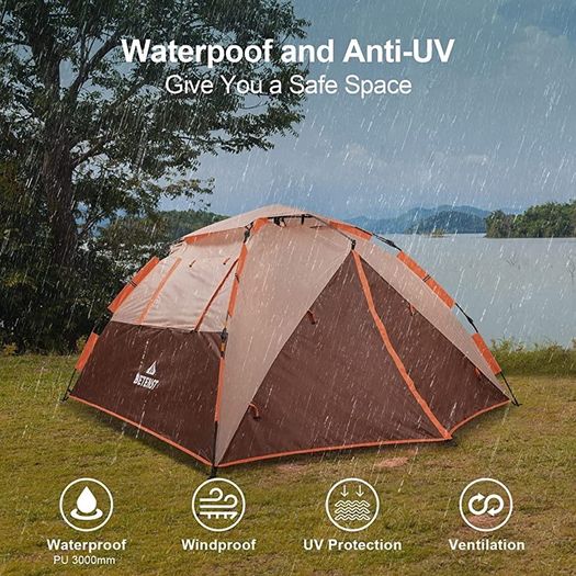 Camping Tent, Pop up Tent 4 Person Family Dome Tent Waterproof Windproof with 2 Mesh Doors, 2 Mesh Windows, Roof Skylights, 2 in 1 Double Layers, Storage Bag for Camping Hiking Backpacking (FREE POSTAGE)