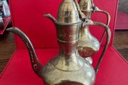 Two 2 Brass Lidded Teapots or Genie Oil Lamp Pitcher Etched Ornate Z Y India