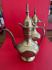 Two 2 Brass Lidded Teapots or Genie Oil Lamp Pitcher Etched Ornate Z Y India