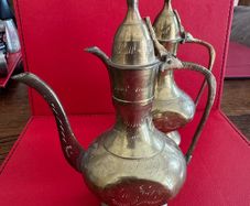 Two 2 Brass Lidded Teapots or Genie Oil Lamp Pitcher Etched Ornate Z Y India