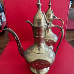 Two 2 Brass Lidded Teapots or Genie Oil Lamp Pitcher Etched Ornate Z Y India