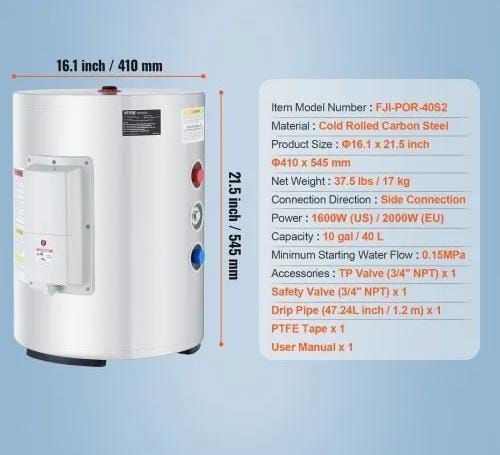 Electric Water Heater, 10 Gallon Tank Instant Hot Water Heater, 1.6Kw Tankless Water Heater w/ LED Display,Knob Control, IPX4 Waterproof Side Connection On Demand Heaters for Shower, Bath