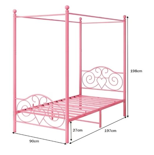 Single Canopy Bed Frame Platform, 90x190cm Single Size Bed Frame with Vintage Headboard and Footboard, Heavy Duty Steel Slats and Support with Mattress Foundation,Pink