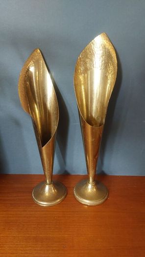A Fabulous Pair of Rare Antique/Vintage Brass Arts & Crafts Style "Calla Lily" or "Trumpet" Vases with Hand-Beaten Repousse Finish  - Priced as a Pair, But Can be Sold Separately