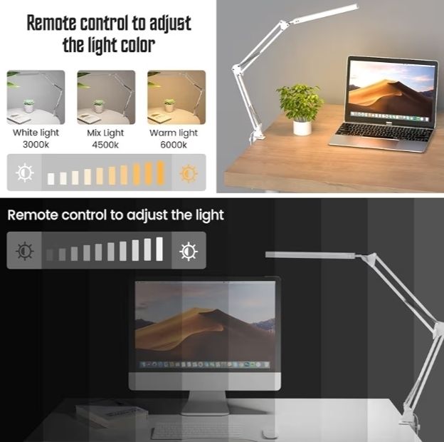 LED Desk Lamp with Clip Eye Protection Desk Lamps for Study - Swing Arm USB Desk Lamp Office - 3 Light Modes x 10 Brightness Levels - 5V/2A Adapter White