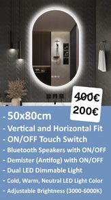 LED Bathroom Mirror Bluetooth 3 Color Temperature Defogger Demister 50x80cm Oval Shape Bright Light Touch Switch