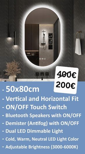 LED Bathroom Mirror Oval 50x80cm Bluetooth Antifog