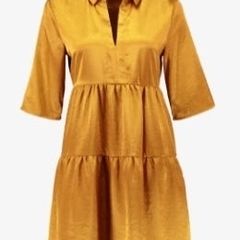 Object gold mustard ruffle flounce tiered smock shirt collar dress size EU 40