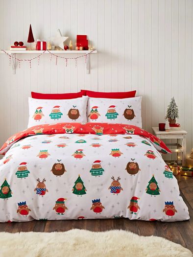 Catherine Lansfield Christmas Robins Christmas Duvet Set - King Size Reversible
