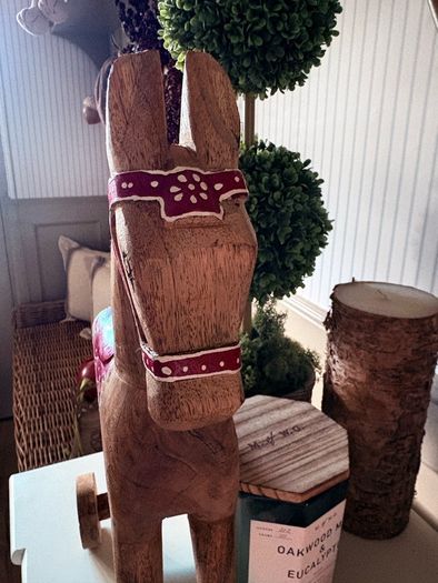 New vintage inspired 45cm high hand carved horse on wheels with washed wood finish