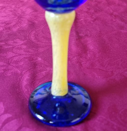 Murano Style Cobalt Blue And Yellow Glass Stemmed Goblet