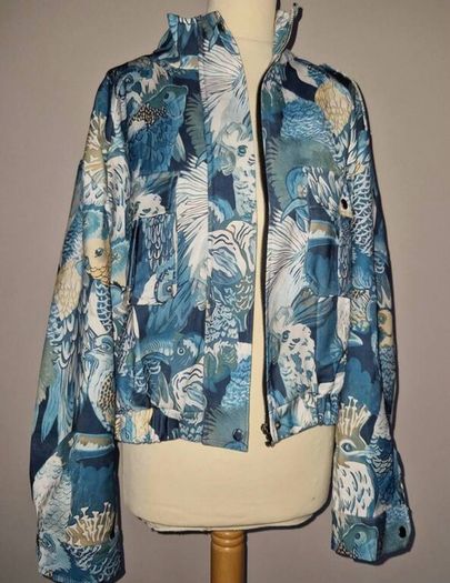 Bird print blue bomber jacket