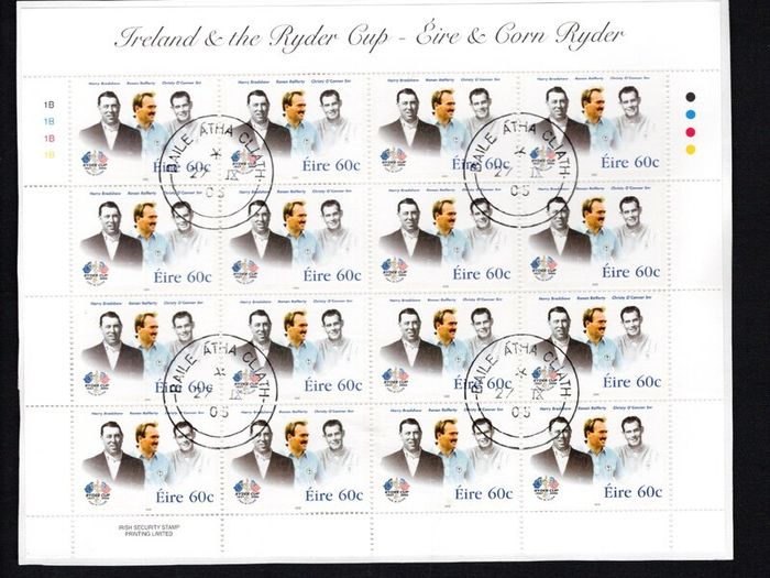 2005 Ireland Ryder Cup Commemorative Stamp Sheetlet Plate 1B1B1B1B Fine CDS Used with Dublin cancel of 27th September 2005 (First day of issue) on envelope extract.