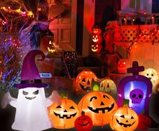 7.5FT Long Halloween Inflatables Pumpkins with Ghost Blow up Outdoor Holiday Decoration Cute Pumpkins Ghost with Witchs Hat Yard Decorations with Build in LEDs for Halloween Indoor Garden Lawn Decor