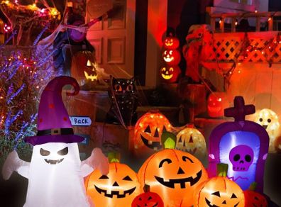 7.5FT Long Halloween Inflatables Pumpkins with Ghost Blow up Outdoor Holiday Decoration Cute Pumpkins Ghost with Witchs Hat Yard Decorations with Build in LEDs for Halloween Indoor Garden Lawn Decor