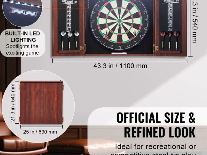 Dartboard and Cabinet Set, Ready-to-Play Bundle Official Size Dartboard Cabinet, Steel Tip Dart Hideaway Cabinet, Features LED Light