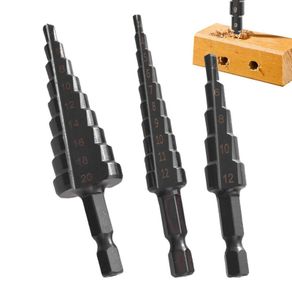 3Pcs HSS Straight Groove Step Drill Bit 3-12mm 4-12mm 4-20mm Nitride Black Hex Wood Metal Hole Cutter Core Drilling Tools Set