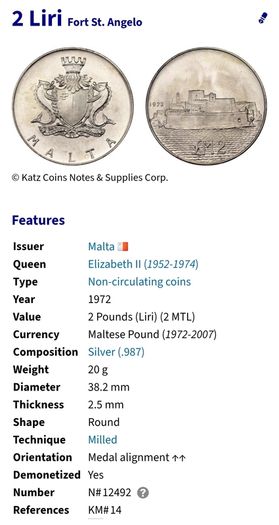 Malta 1972 Silver 2 Pounds Liri Beautiful Uncirculated