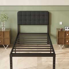 Single Bed Frame 3ft with Upholstered Headboard, 36 cm High, Heavy Duty Metal Bed Frame Single with Steel Slats, Ample Storage Underbed, Easy Assembly, Noise Free, Black