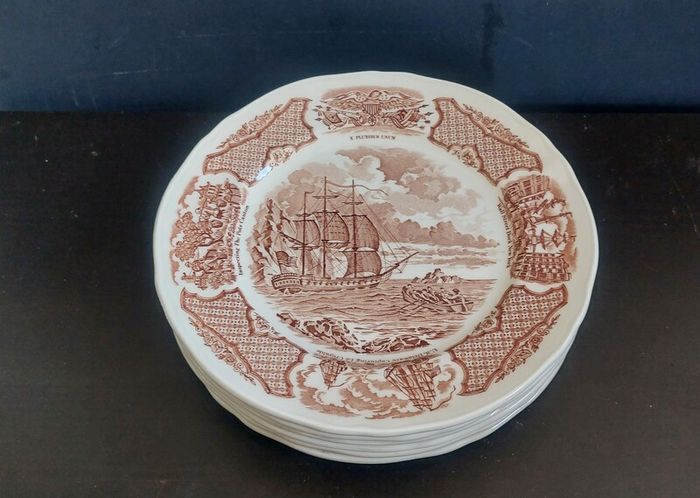 Vintage Set of Six Brown and White Fair Winds, Historical Scenes of Chinese Export to America - "The George Washington at Anchor" Salad Plates by Alfred Meakin