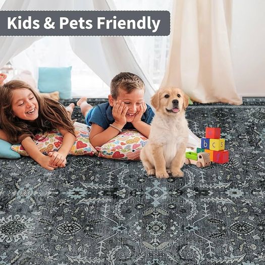 Grey Rugs Living Room Large 160x230cm, Boho Vintage Living Room Rug Carpet with Non-Slip Backing, Soft Low Pile Washable Area Rugs for Bedroom Dining Room Kitchen Office