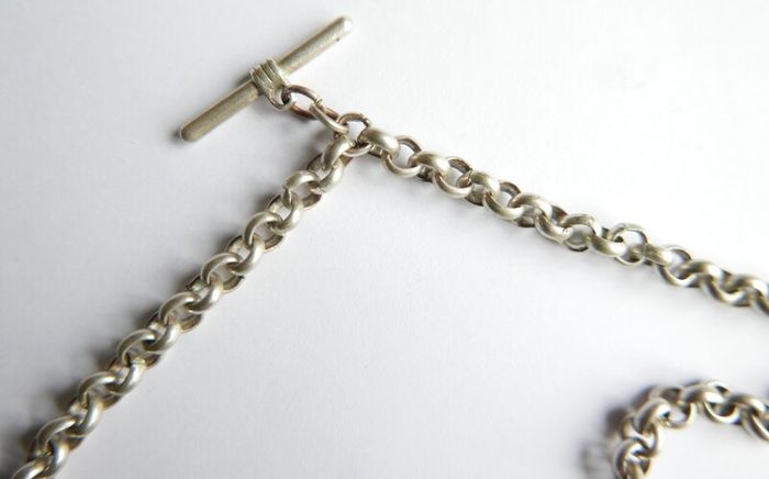 Vintage Silver Plated Pocket Watch Chain With Fob