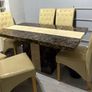 marble dining table and leather chairs Image 3