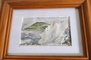Framed miniature watercolor winter storm from Bray promenade Ireland Co Wicklow. signed