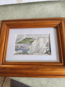Framed miniature watercolor winter storm from Bray promenade Ireland Co Wicklow. signed