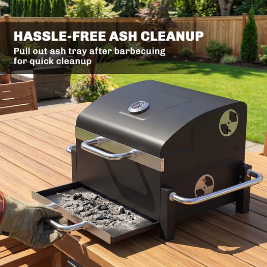 Steel Charcoal Grill Portable BBQ Smoker with Lid Adjustable Vents Two-Stage Charcoal Pan Thermometer