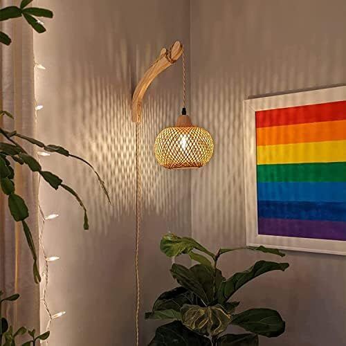 Wooden Indoor Wall Light, Vintage Wall Lamp with Plug and Switch, E27 Retro Bamboo Lantern, Rattan Bedside Lamp for Living Room, Bedroom, Stairs, Hallway (Bulb Not Included)