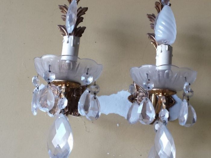 Vintage 1960 Wall Brass & Glass Drops Murano Lamps