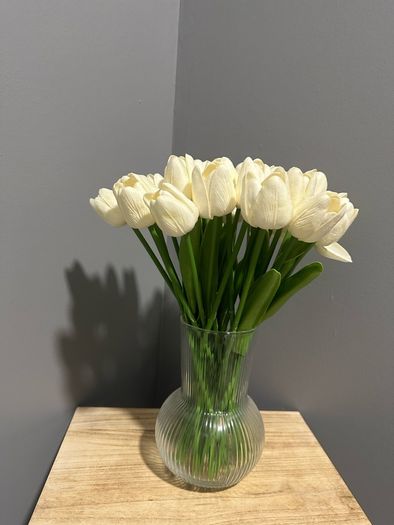 Beautiful real looking white faux tulip bouquet with vase